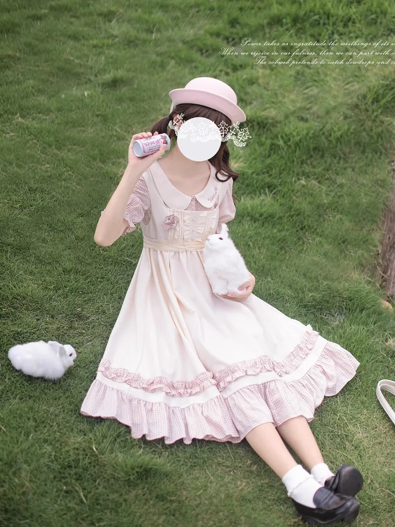 Vestido de estilo japonés Rojita para mujer, camiseta de manga corta de un solo pecho con cuello de muñeca a cuadros rosa, dulce y suave, novedad de verano 2024