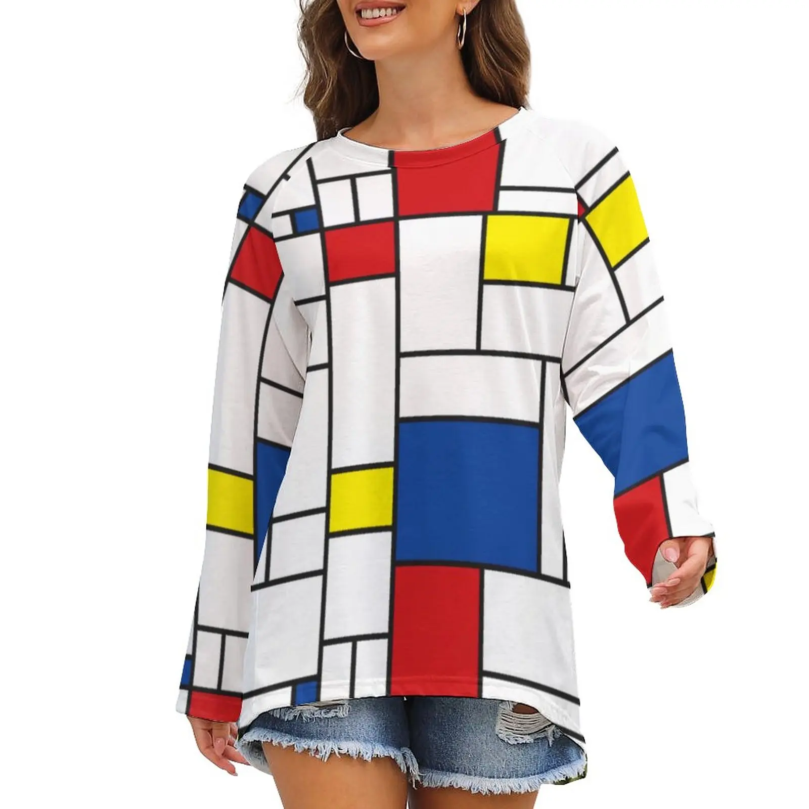 Retro Mondrian Plaid Tee Shirt Mondrian Modern Art Trendy Graphic Ladies T Shirt Long Sleeve Street Style Tshirt