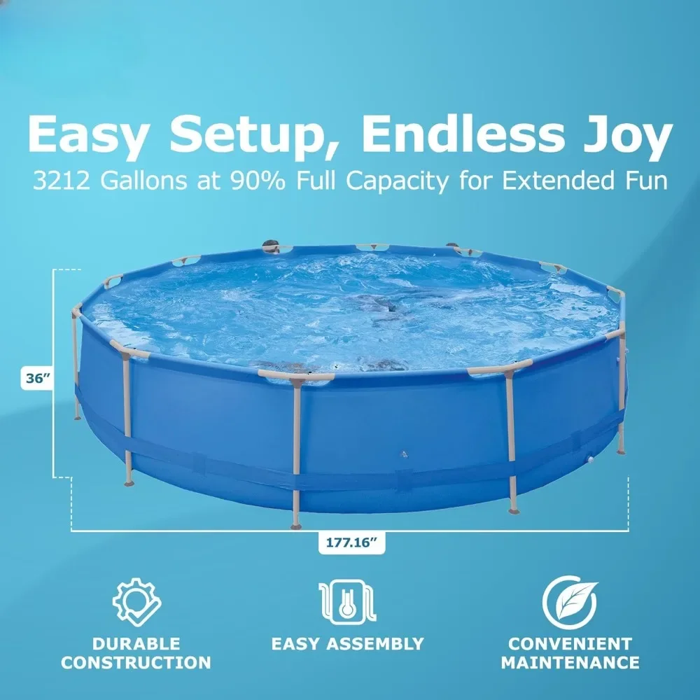 15 Foot by 36 Inch Round Steel Frame Above Ground Swimming Pool with Triangle Lock Frame System, Blue swimming pools