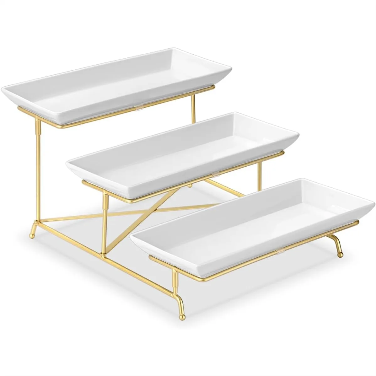 

3 Tier Serving Tray Set 14 Inch Porcelain Tiered Platters, Collapsible Stand with Cross Bars for Party Entertaining Food Display
