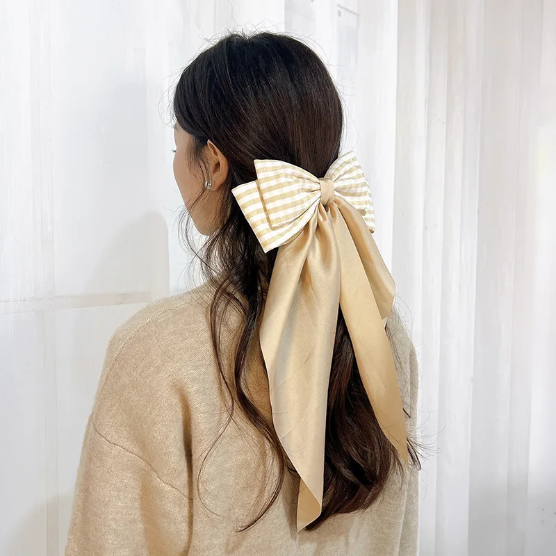 Elegant Bow Ribbon Hair Clip for Women Plaided Printed Satin Spring Clip Simple Bowknot Hairpins Barrette Girls Hair Accessories