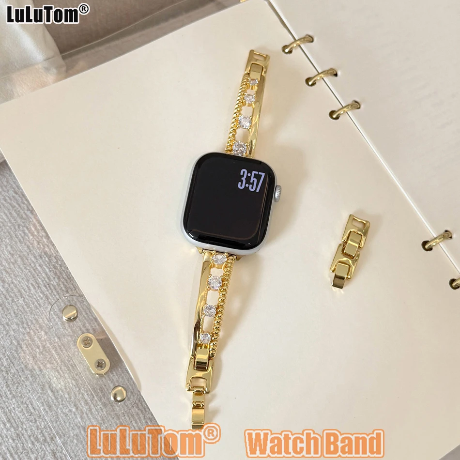 Apple Watch 38mm, 40mm, 41mm, 42mm, 44mm, 45mm, 46mm, 49mm 밴드용 3A 지르콘 구리 금속 스트랩 iWatch 시리즈 10, 9, 8, 7, 6, 5, 4, 3, 2 SE 울트라 럭셔리 여성용 쥬얼리 팔찌