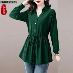 Green Tops For Women Summer Elegant Office Lady 2022 Spring Button Belly Peplum Shirt Long Blouse Tunic Camisas Blusas Feminina