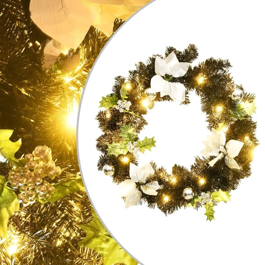 60cm Black Christmas Wreath with LED Lights - PVC Holiday Decor