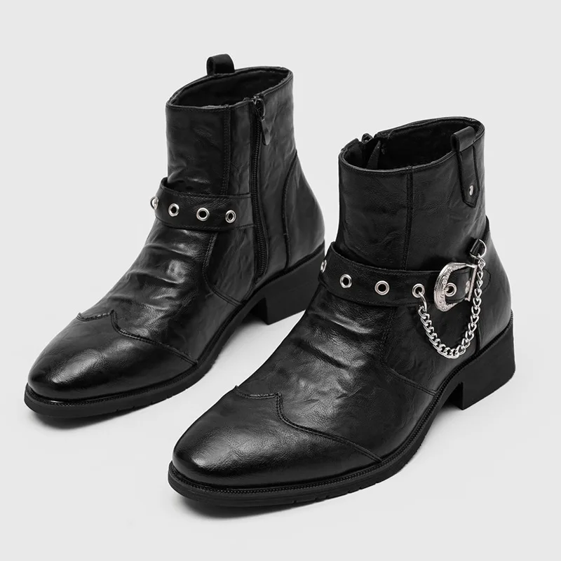 Men's Boots British Style Business Formal Boots Fashion Metal Chain Designer Punk Boots Men Casual Leather Boot Botas Masculinas