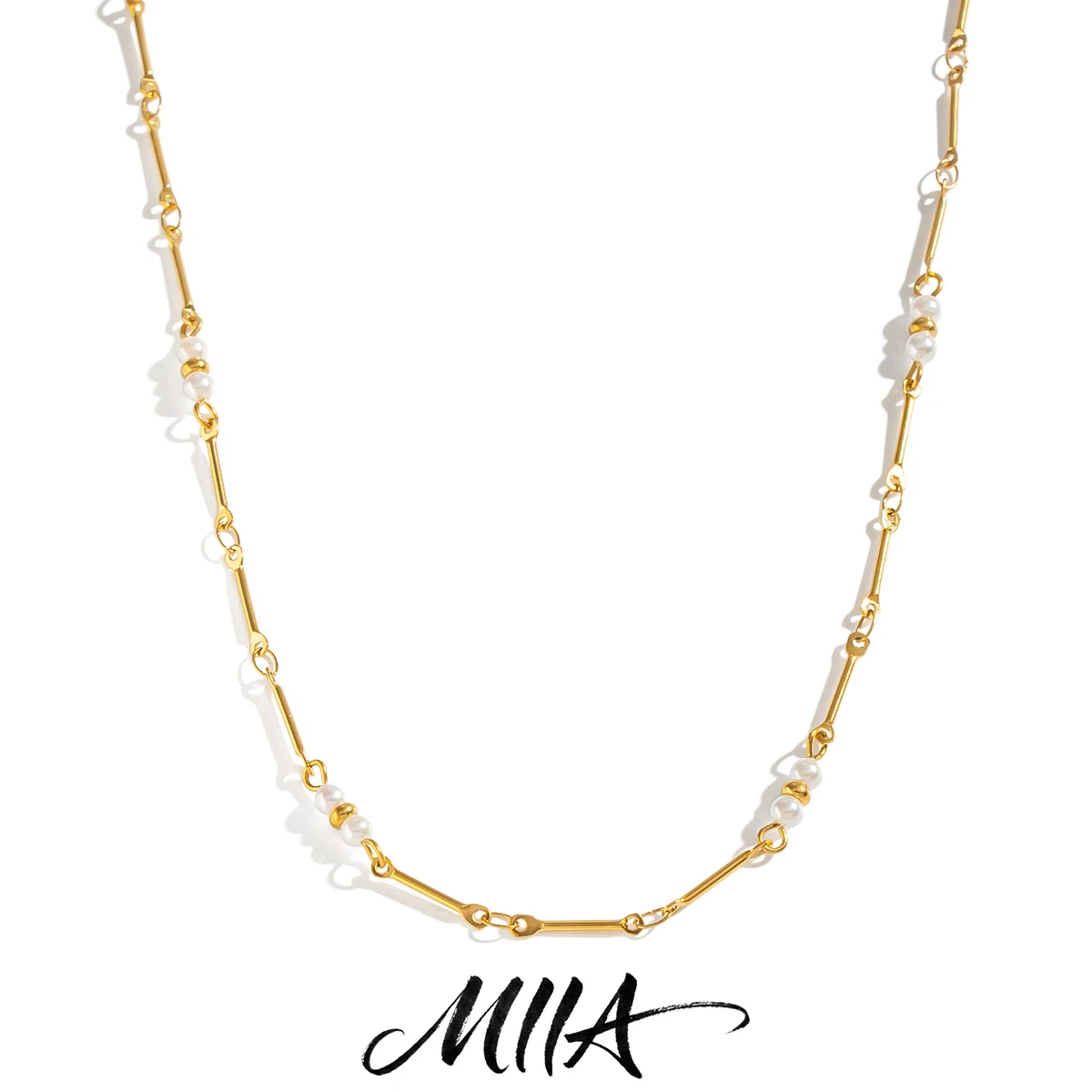 Miia Jewelry 18K Gold Stainless Steel Bamboo Link Necklace Stainless Steel Spaced Imitation Pearl Beaded Chain For Women