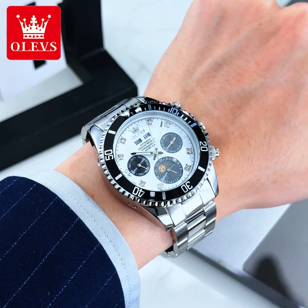 ساعات OLEVS من أفضل العلامات التجارية للرجال، ساعة يد ميكانيكية أوتوماتيكية أصلية من الفولاذ الفاخر مقاومة للماء، تقويم مرحلة القمر