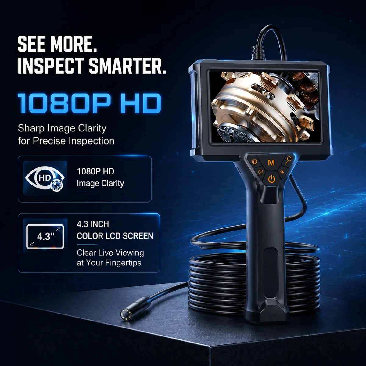 1080P Full HD Industrial Endoscope Camera 4.3 Inch LCD 8mm Borescope Snake Camera With LED Lights For Auto Engine Pipe Inspectio
