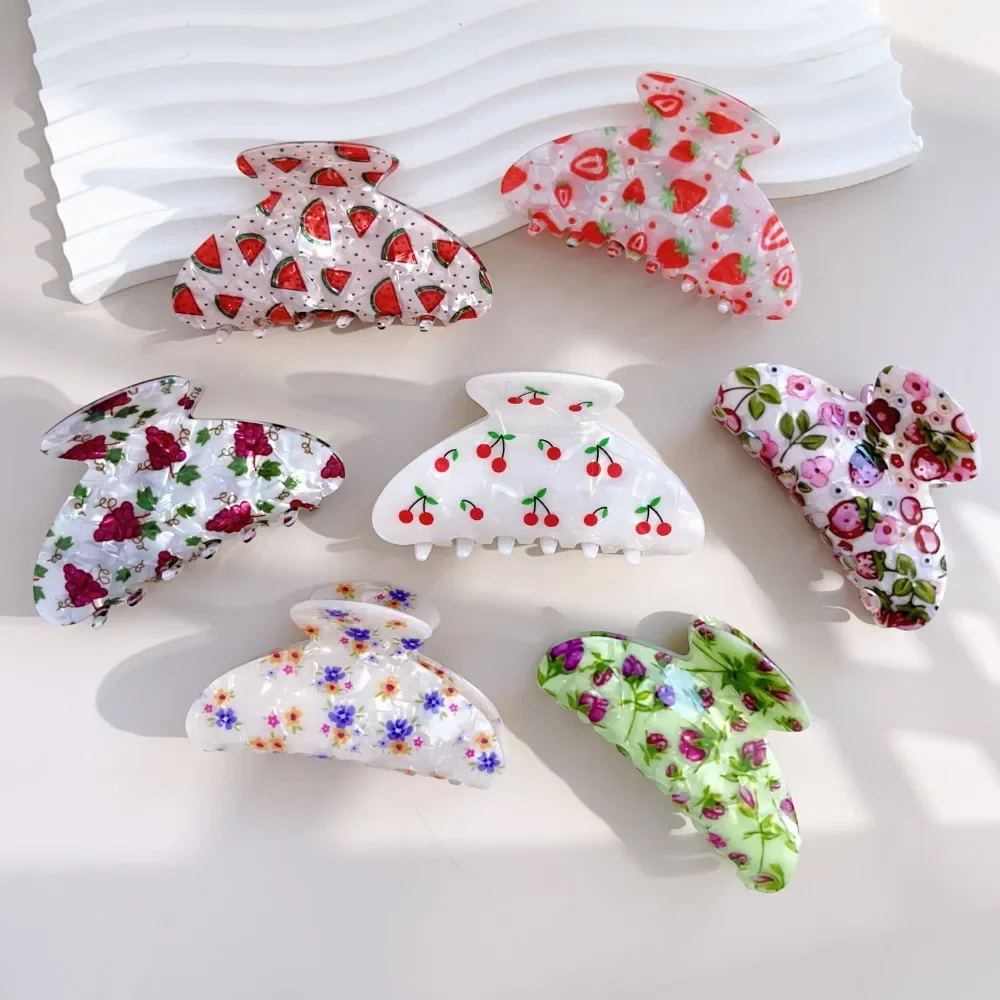 Grampos de garra de cabelo acrílicos coreanos para mulheres e meninas flor frutas design grosso fino acessórios de estilo de cabelo captura de suor grampo de cabelo