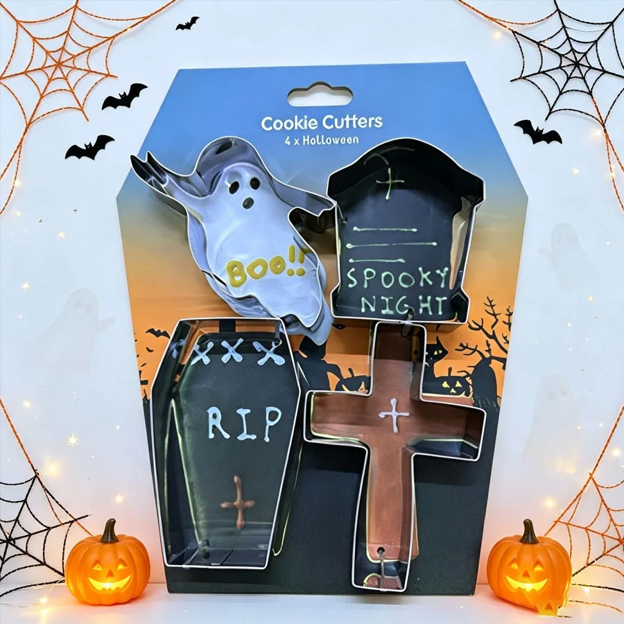Halloween Cookie Cutters 4Pcs Ghost Coffin Tombstone Cross Metal Biscuit Molds DIY Baking Tools