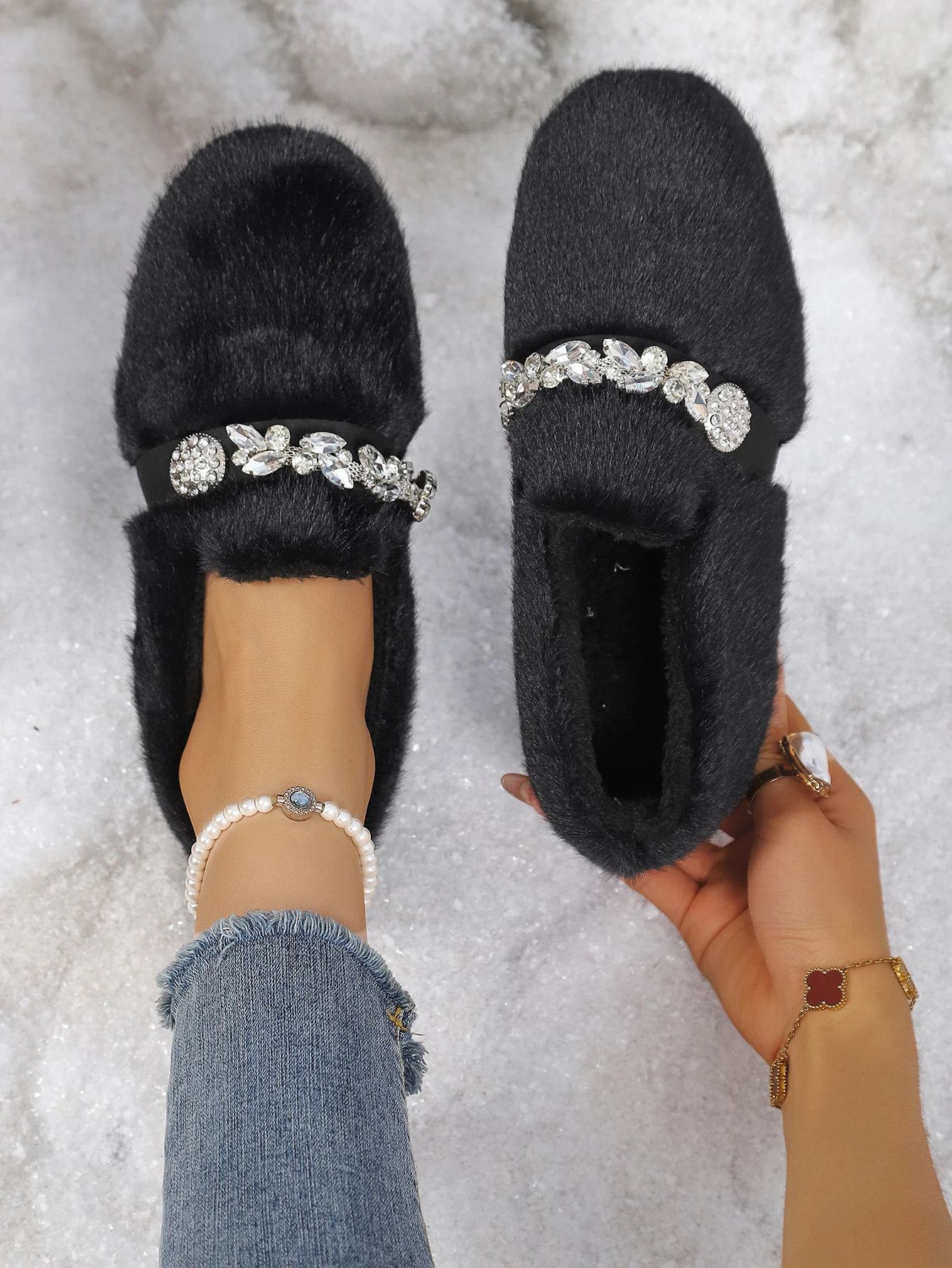Damenstiefel, Pelzstiefel, Winterstiefel, flauschig, mit Strassverzierung, zum Hineinschlüpfen, warm, mit Fleece gefüttert, weiche Sohle, lässige Outdoor-Damenschuhe – Detail 12