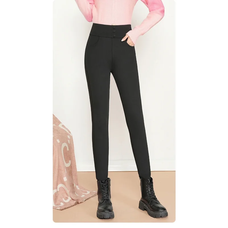 Velvet Shark Pocket Little Black Pants Latex High Waist Tummy Control Hip Lifting Warm  Pants Stretch Little Pants