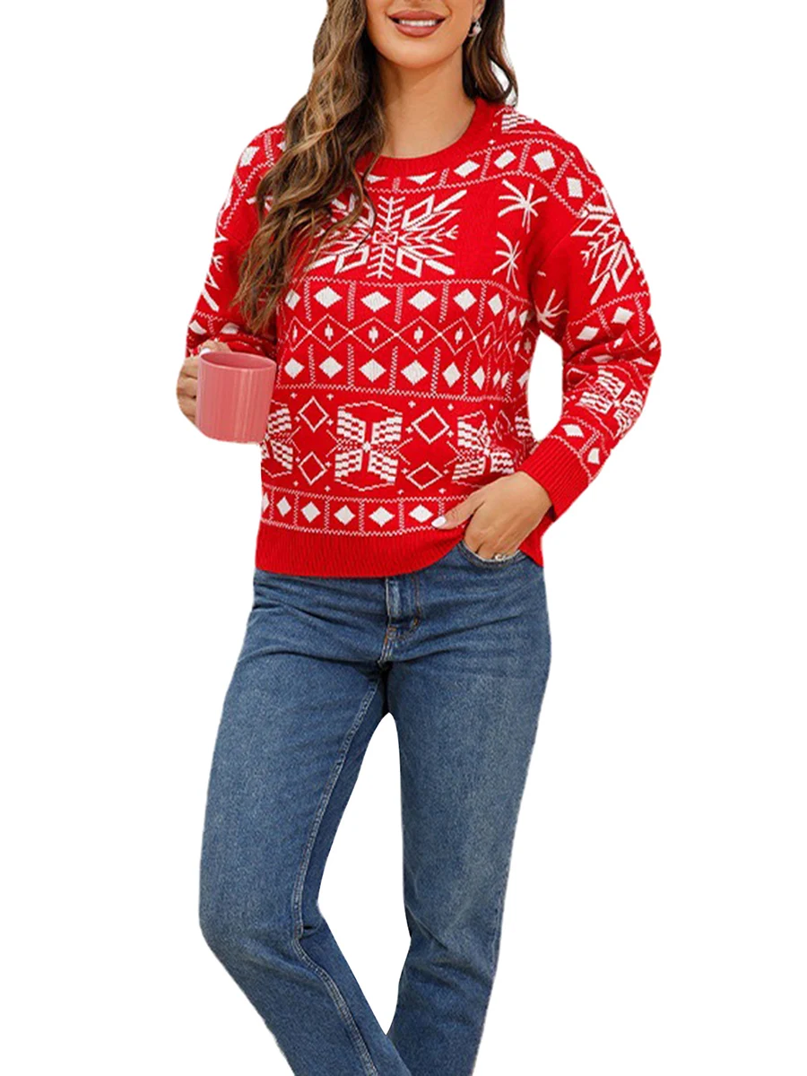 Women s Christmas Sweaters Classic Snowflake Graphic Print Long Sleeve Round Neck Pullover Knit Tops