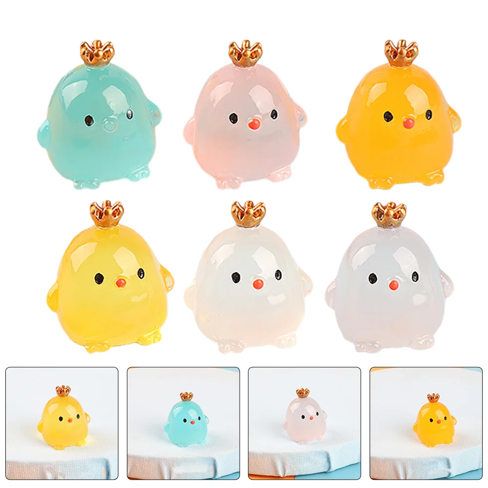 15pcs Mini Crown Chicks Decorations Luminous Cartoon Chickens Toys Resin Craft Mini Chickens Figurines