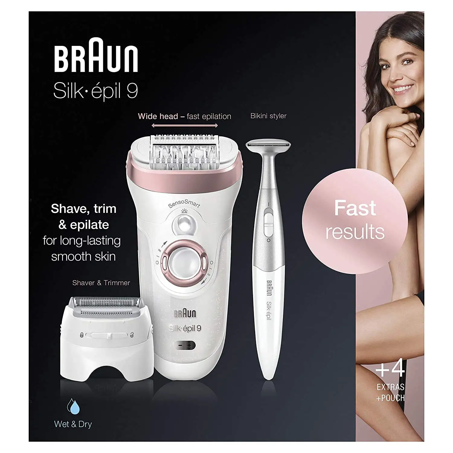 Braun Epilator Silk-épil 9 9-890 Facial Hair Removal for Women, Bikini Trimmer, Womens Shaver Wet & Dry, Cordless and 7 extras