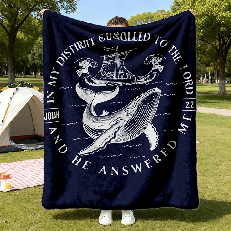 Christian Flannel Blanket, Jonah and The Whale, Nautical Flannel Throw, Bible Verse, Front and Back Design
