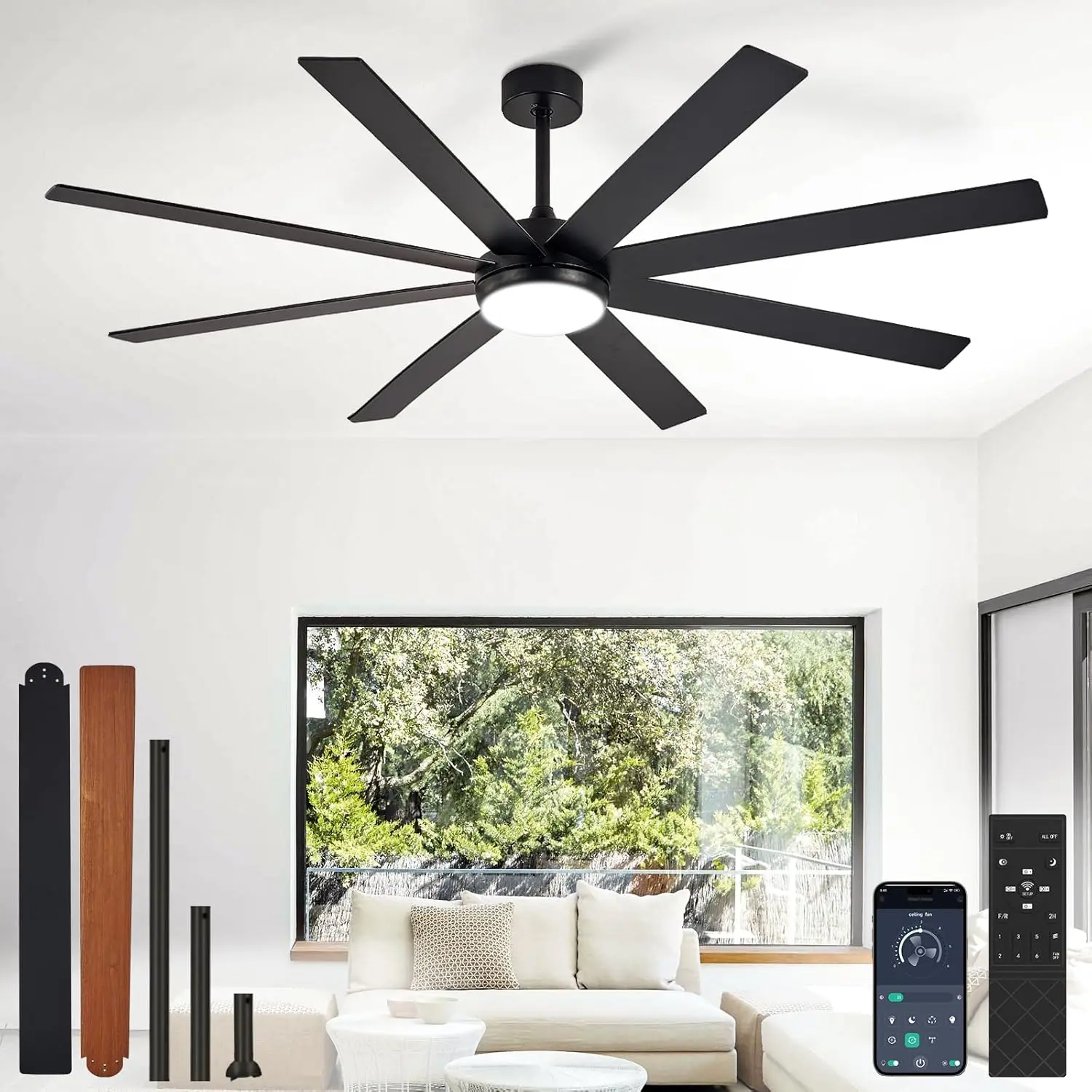 

Ceiling Fans with Lights: Black Indoor/Outdoor Ceiling Fan for Patios Living Room - 8 Blades Dimmable Large Ceiling Fans with