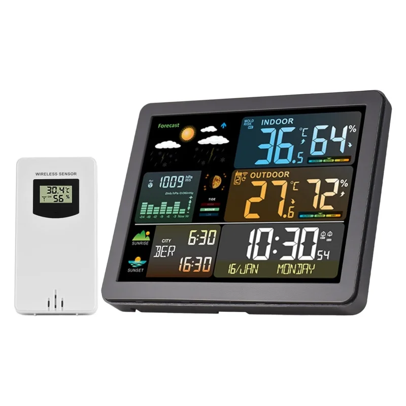 

Weather Station Wireless Indoor Outdoor with Sensors Color Display Digital Forecast Temperature Humidity Monitor Alarm Clock