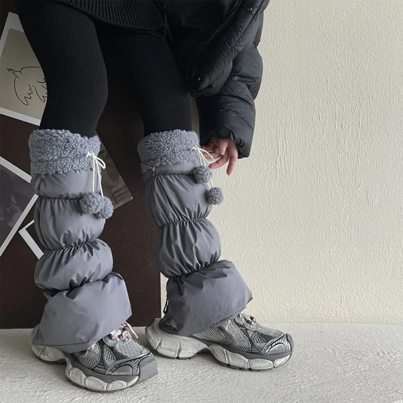 

Lamb Fleece Trim Padded Puffer Leg Warmers Cover with Plush Balls Embellishments Dropshipping