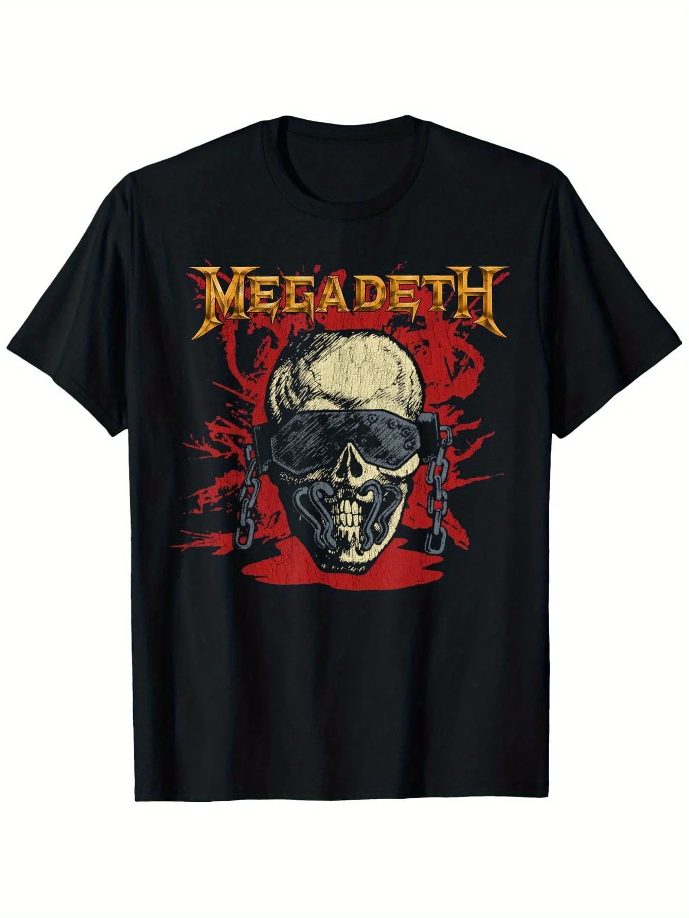 

Мужская футболка Megadeth с винтажным рисунком черепа — черная хлопковая футболка с круглым вырезом и жирным золотистым и красным принтом