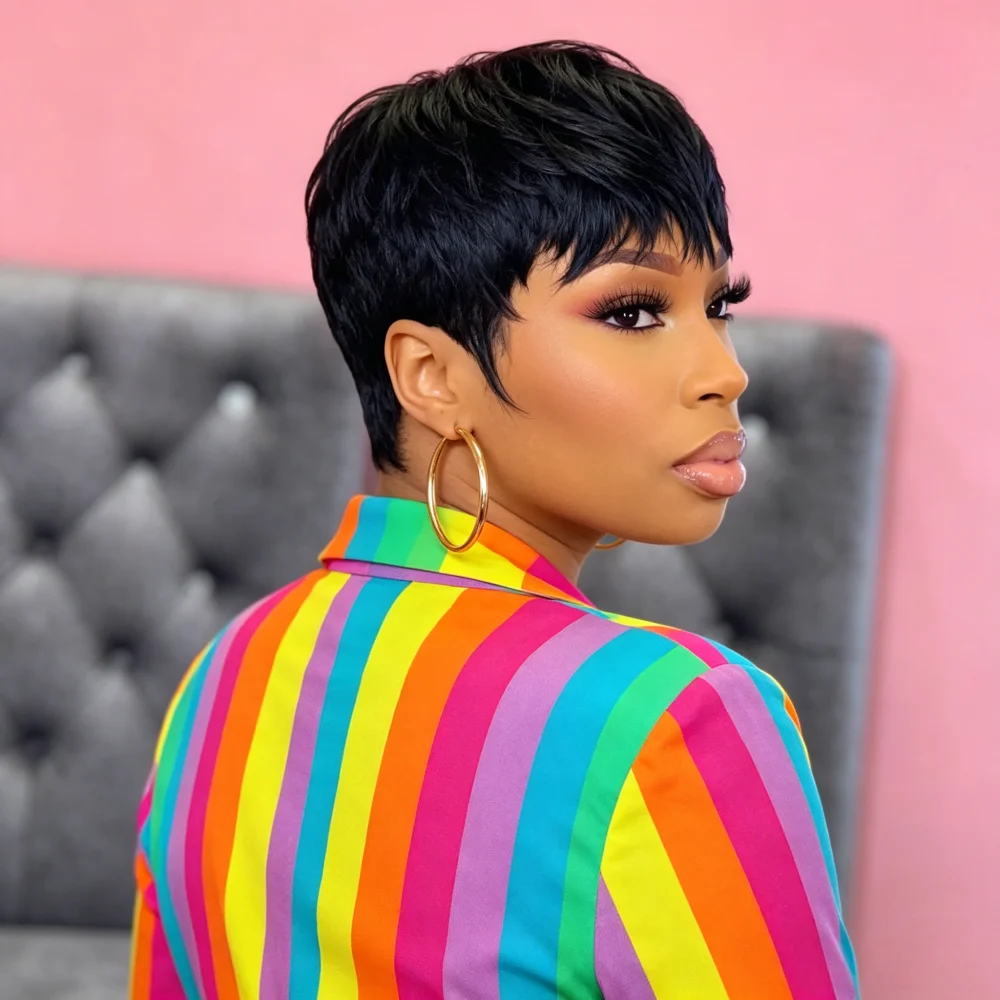 Short Straight Pixie Cut Human Hair Wig with Bangs