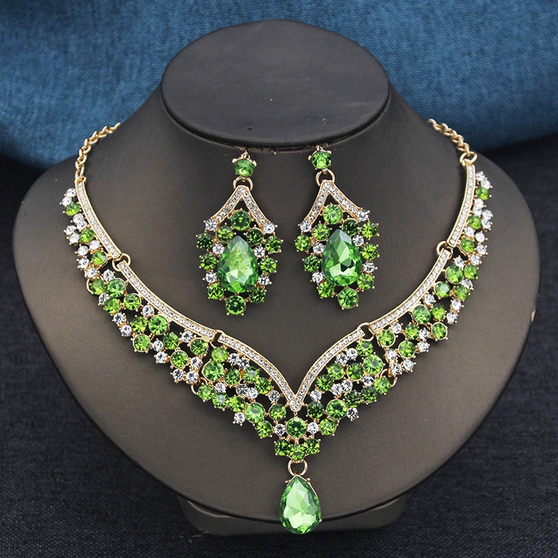 Elegant 2pcs Rhinestone Crystal Choker Necklace Sets for Women Fashion Jewelry Sets Bridal Wedding Dubai Necklace Earrings Set