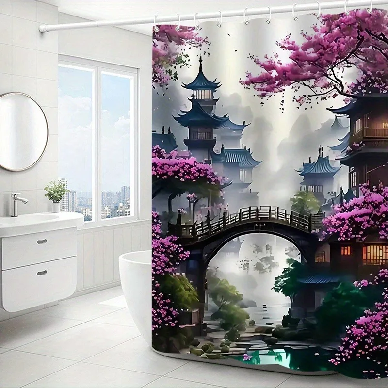 Mountain and Water Courtyard Scenery Shower Curtain Washable Dirt-Resistant Shower Head waterproof Polyester Bath Curtain