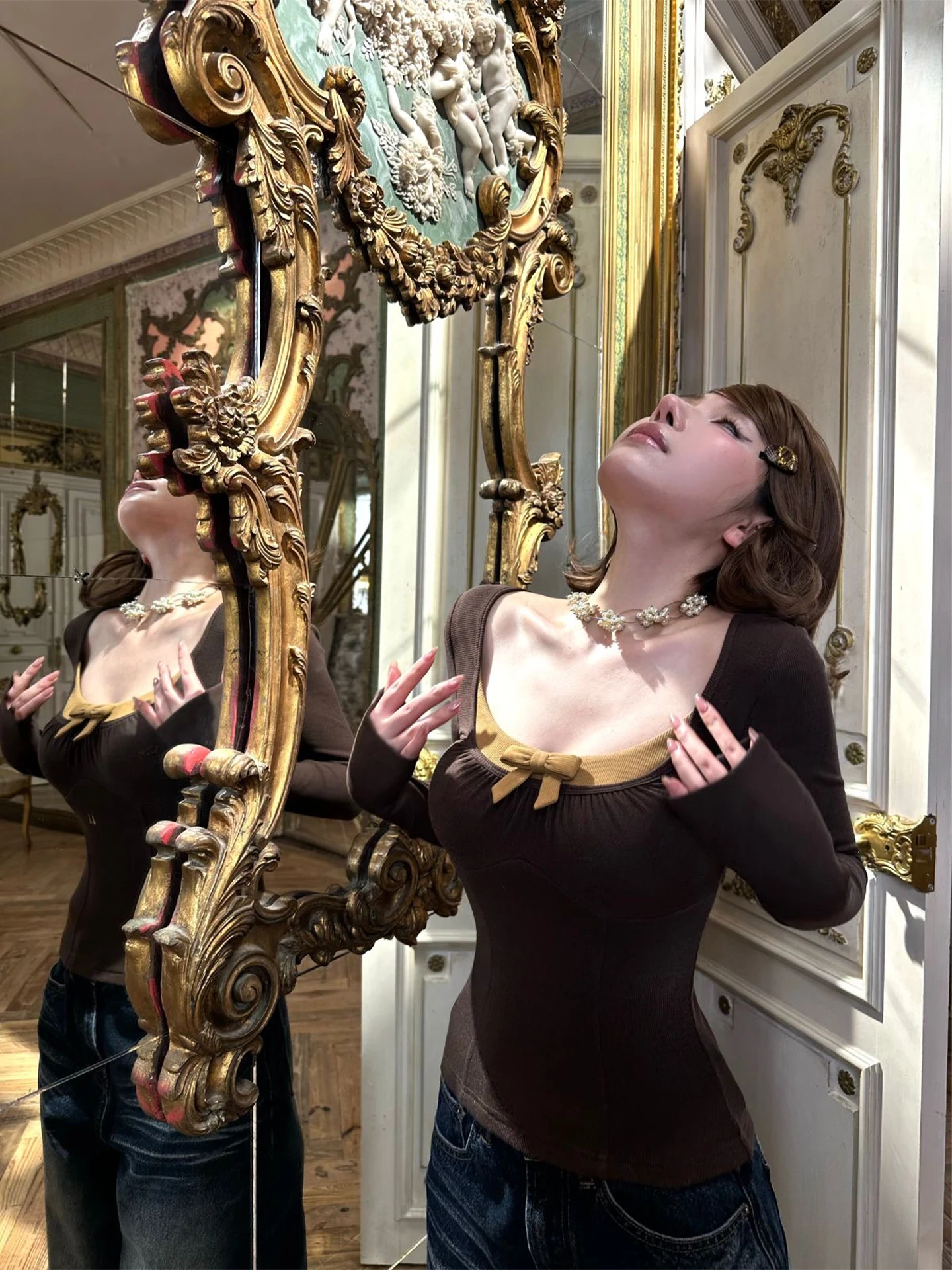 

FuunJ Steal Sugar Plan Thin Velvet Knitted T-irt Women's Base Layer Knot Waist Cinched Gathered Sve Long irt