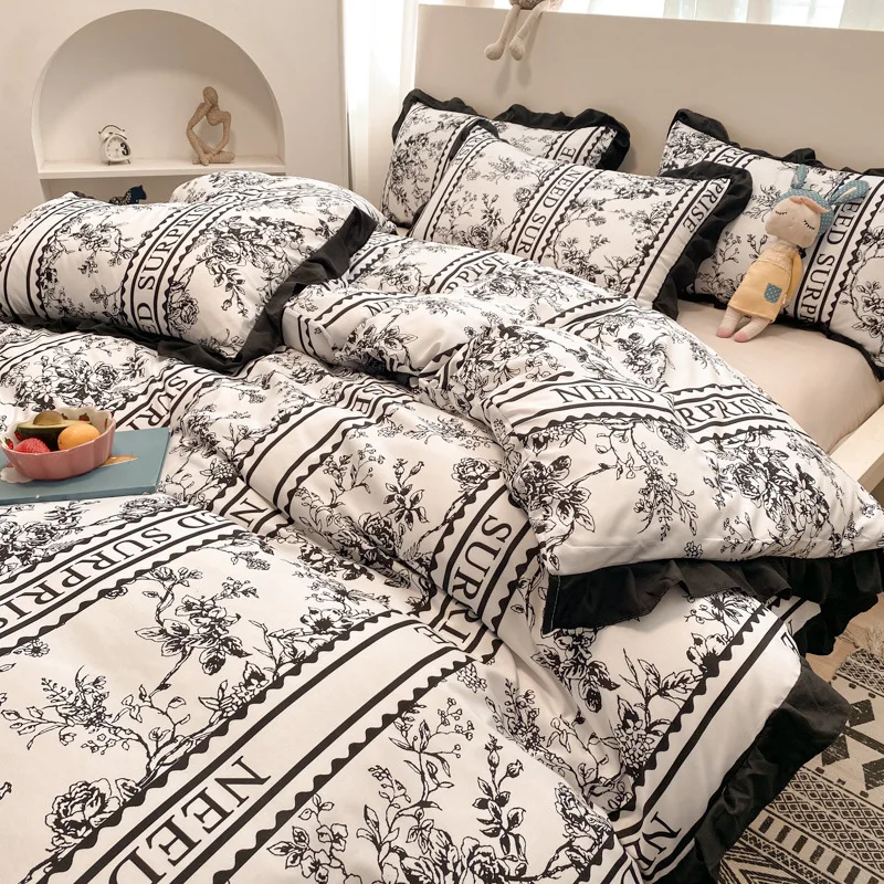 Korean Fashion Bedding Set Lace Flowers Plants Printed Comfortable Bed Set Duvet Cover Bed Linen Sheet Pillowcase Girl Queen Set