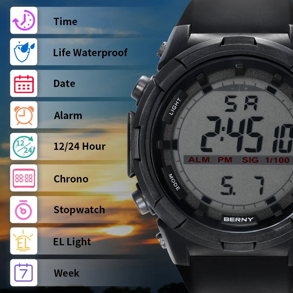 Digital Electronic Watch for Men Sports Super Luminous 49mm 5TM Waterproof Timekeeping Alarm Silicone Calendar Male Watch