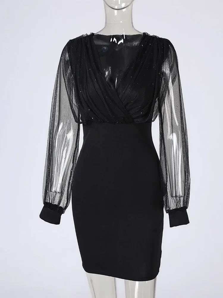 2024 Summer Sexy Women Dresses Sheer Mesh Long Sleeve Vestidos De Mujer Casual Elegant Mini Robe Evening Party Dresses