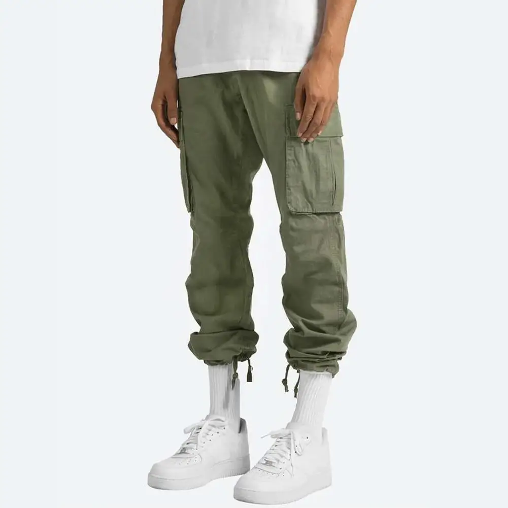 Drawstring Leg Straps Trousers Ergonomic Design Pants Men's Multi-pocket Cargo Pants with Adjustable Waist Loose Fit for Gym