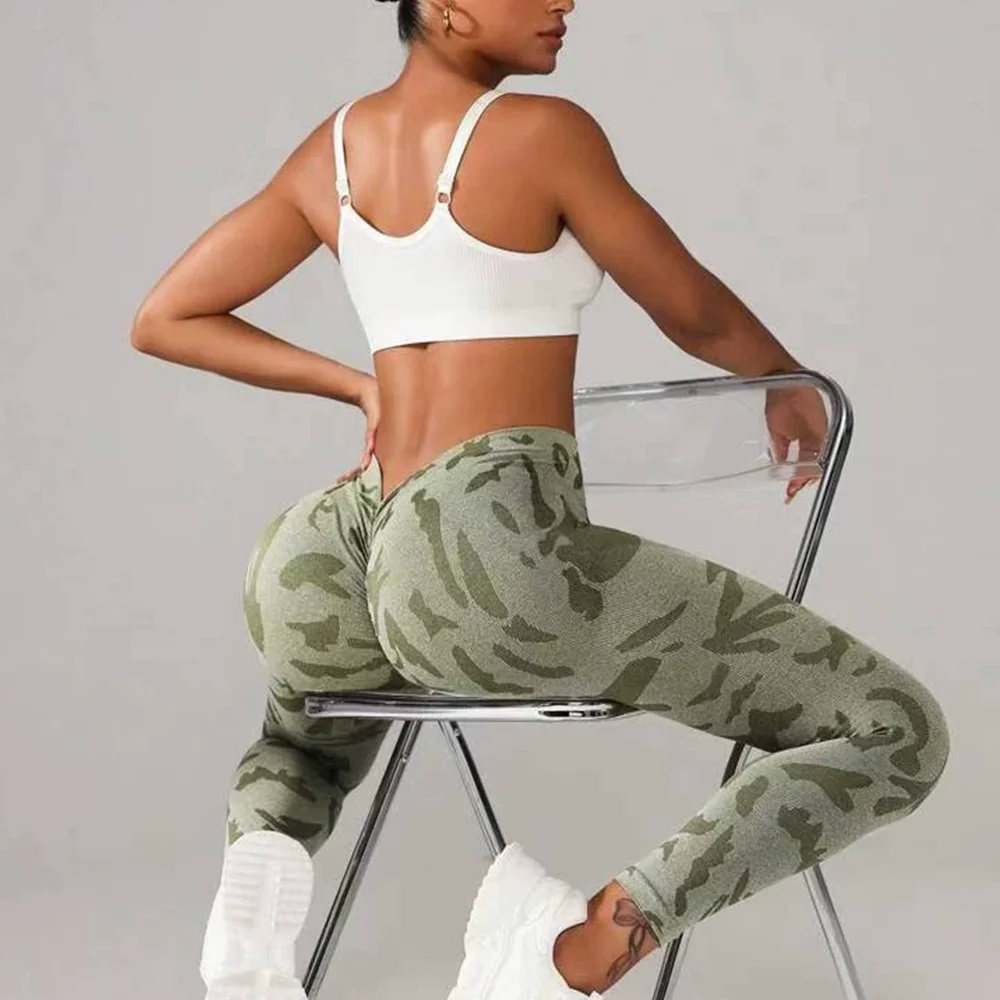 Women Camouflage V Back Gym Leggings Butt Lifting Fitness Athletic Workout Scrunch Leggins Exercise Yoga Pants Sports Clothing