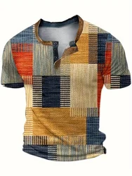 Shabby Men's T Shirt Vintage Patchwork Printed Men's Short Sleeve Stretch Button Down Shirt 2024 Summer Sports and Leisure