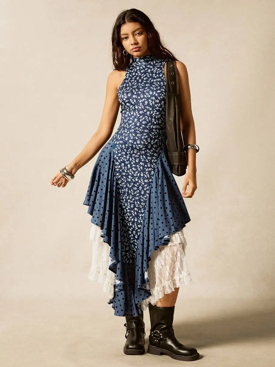 

Sleeveless High-Neck Floral And Polka Dot Layered Ruffle Dress With Lace Trim Asymmetrical Hem Boho Summer Outfit For Women