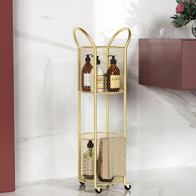 Nordic Bathroom Racks Floor-standing Iron Art Wheeled Trolley Light Luxury Living Room Gold Storage Rack Two-layer Storage Shelf