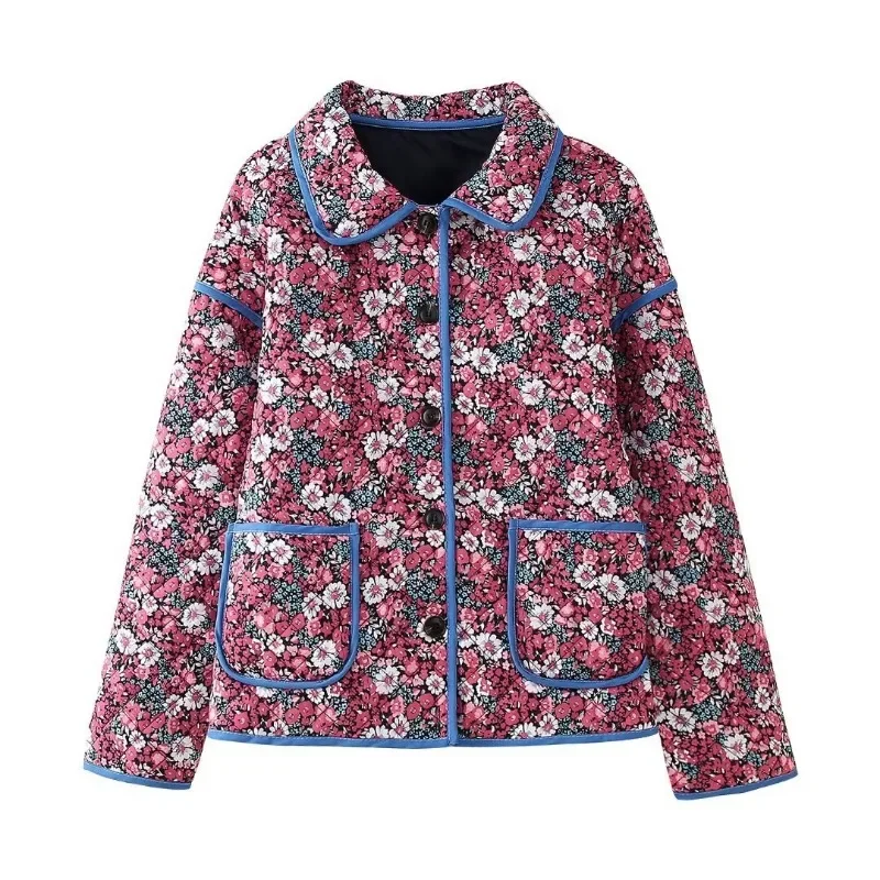 

2024 Autumn and Winter New European and American Retro Loose Casual Lapel Pocket Decoration Floral Cotton Jacket Women's Coat