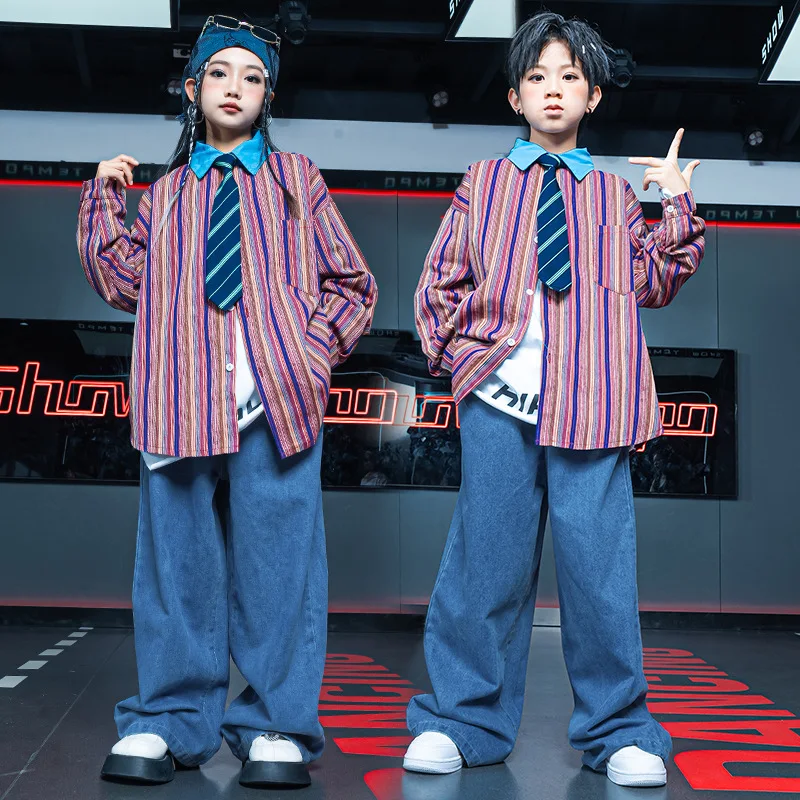 4 To 14 Y Teens Kids Dance Performance Costume Fashion Loose Striped Shirt Wide-leg Jeans 2-piece School Boys Girls Outfits Set