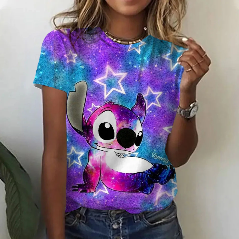 Kawaii Lilo Stitch Print T-shirts Tops for Women Lady Summer Children T-shirts Casual O-neck Ohana Stitch Disney T-shirts