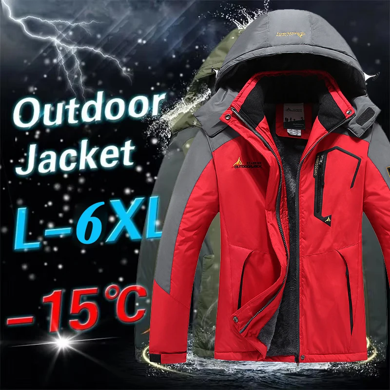 Winter Men's Fleece Mountain Ski Jackets Fashion Men Hiking Waterproof Warm Hooded Coats Men Windbreaker Climbing Jackets 6XL