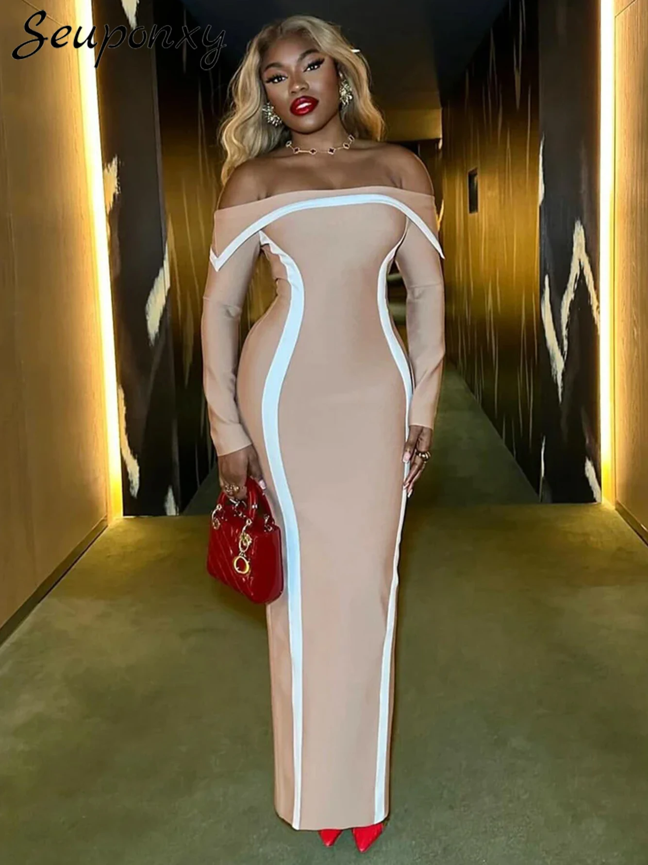 High Quality Women'S Sexy Off Shoulder Long Sleeved Backless Fashion Contrasting Bandage Maxi Dress Elegant Evening Party Dress