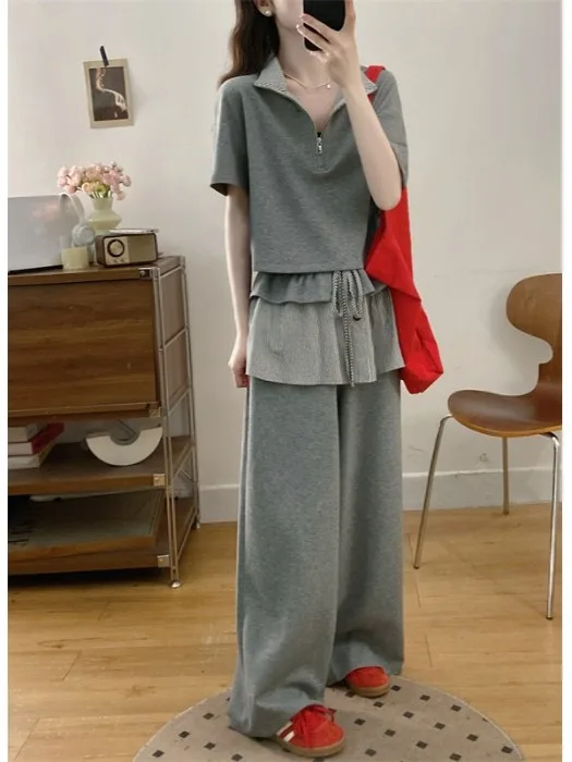 

plus Size Summer Fashion Set Women's Short Sleeve Striped Patchwork Wide Leg Pants Two Piece Suit High Waist Commute Style