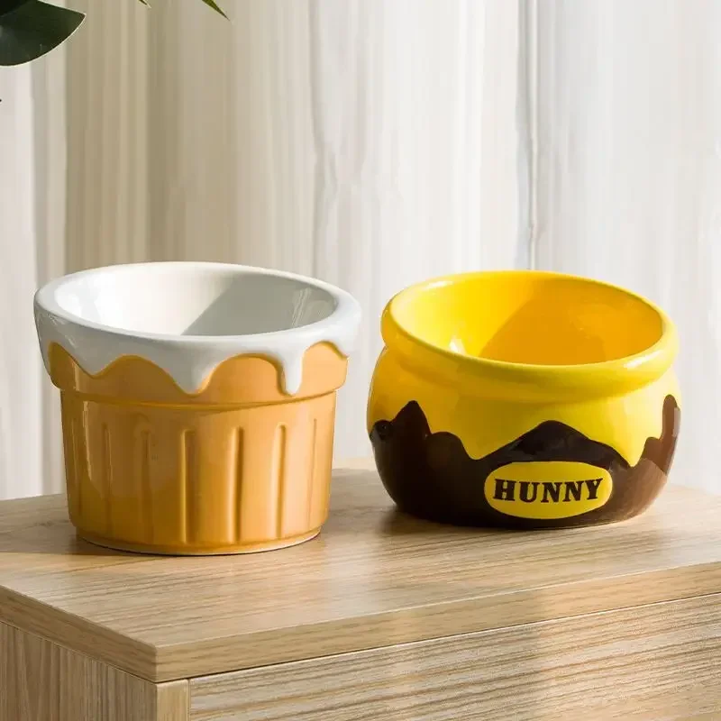 

Honey Jar Ceramic Pet Food Bowl Cat Dog High Foot Oblique Mouth Protection for Cervical Spine Cute Pet Products Feeder