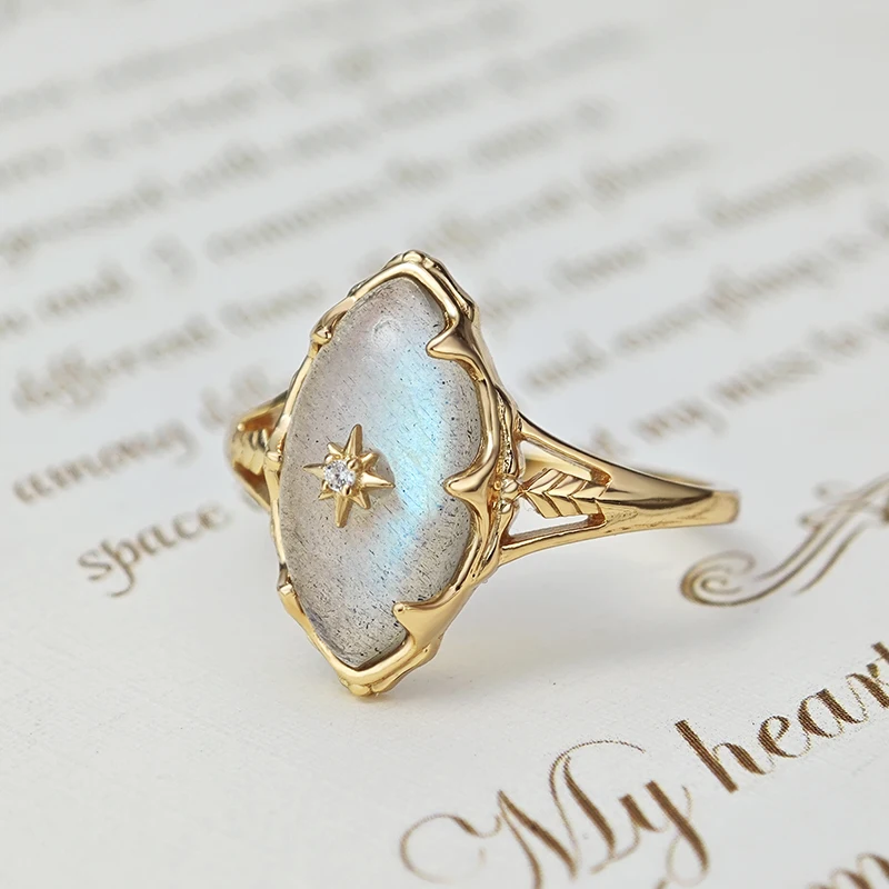 LAMOON Gemstone Labradorite Ring For Women Natural Stone 925 Sterling Silver Gold Vermeil Jewelry Mysterious Sky Vintage Ring