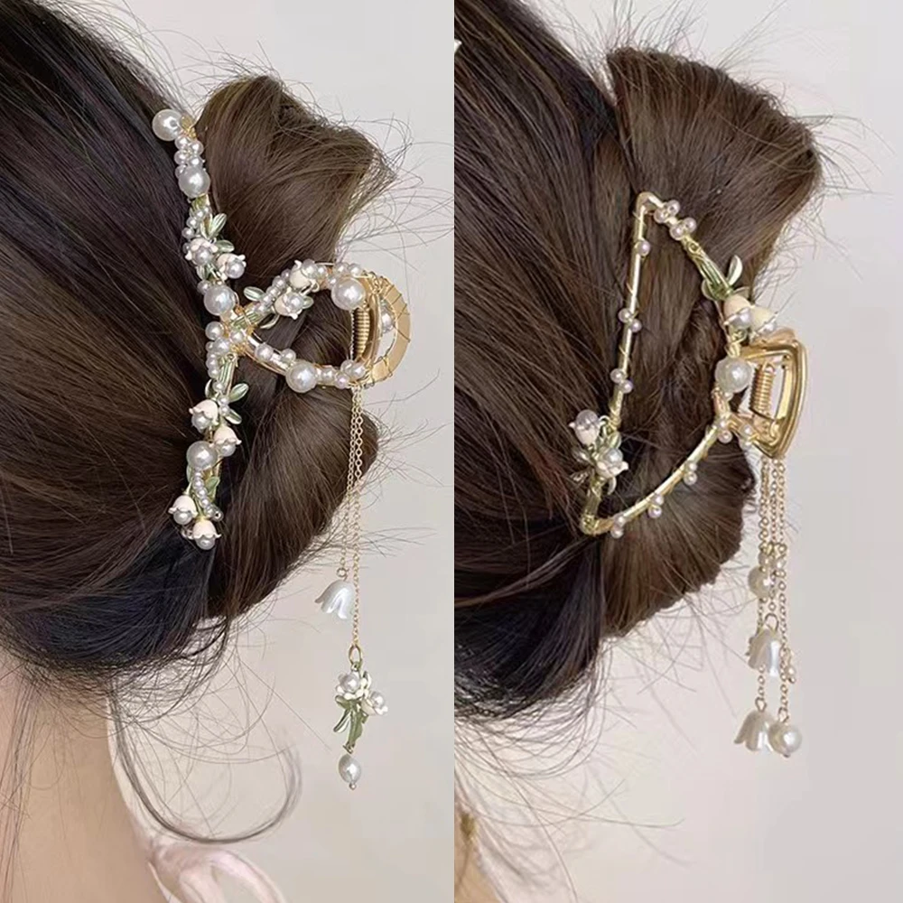 

bell orchid shark clip alloy Pearl hair clip temperament hair claw women's back of the head delicate Fashion hair accessories