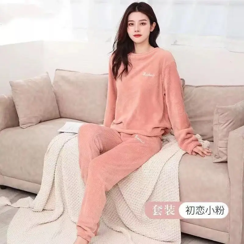 Pajamas For Women Thick Coral Fleece Flannel Pajamas Set Soft Loose Nightwear Solid Homewear Sleep Clothes pijamale set cuplu