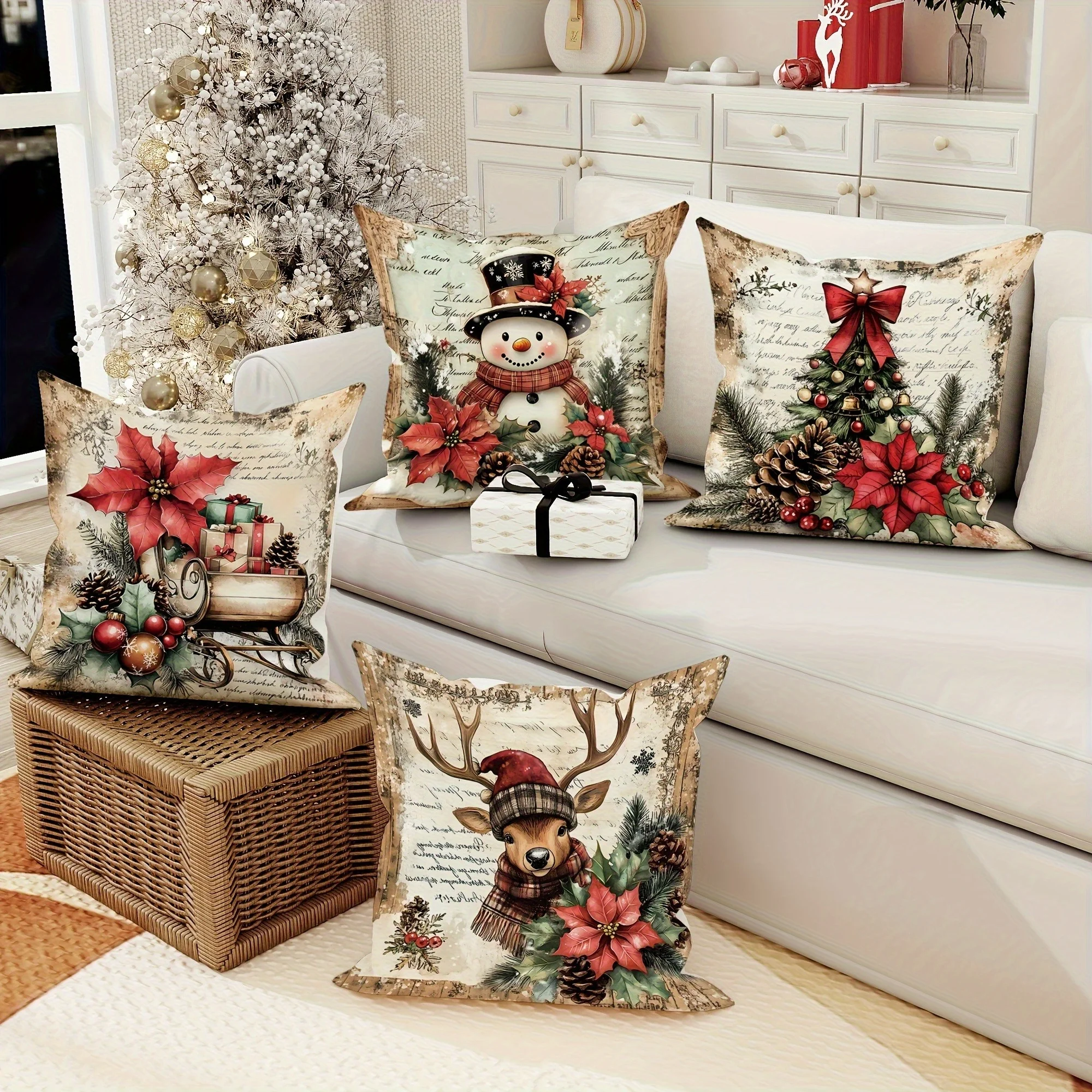 4pcs Festive Christmas Pillowcase Set Yeti Tree Carriage and Deer Design with Bramble and Bow Trim Zipper Polyester