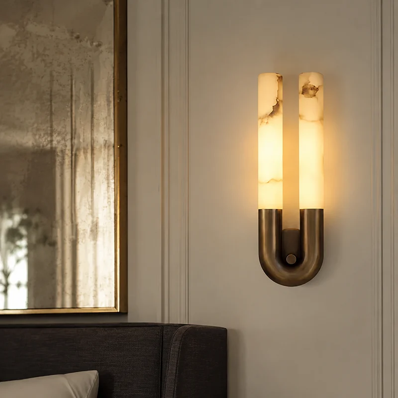 Retro Alabaster Wall Sconce Copper U-shaped Marble Bedside Lamp for Living Room Bedroom Hallway Art Decor Led Lighting Fixture