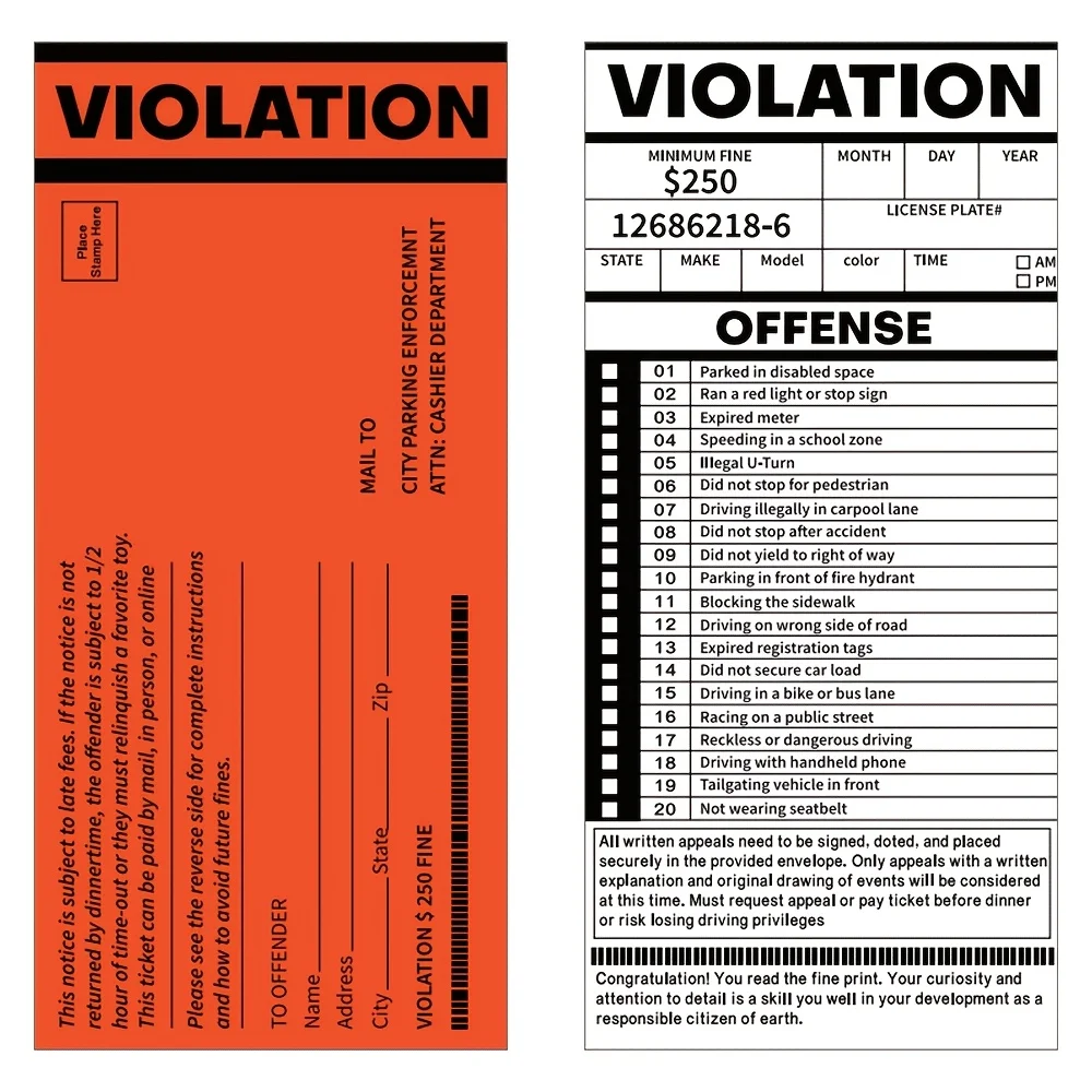 Fake Parking Tickets Prank - Qty 20, Joke Violation Parking, Funny Gag Pretend Police Traffic and Safety Car Citations, Friendly