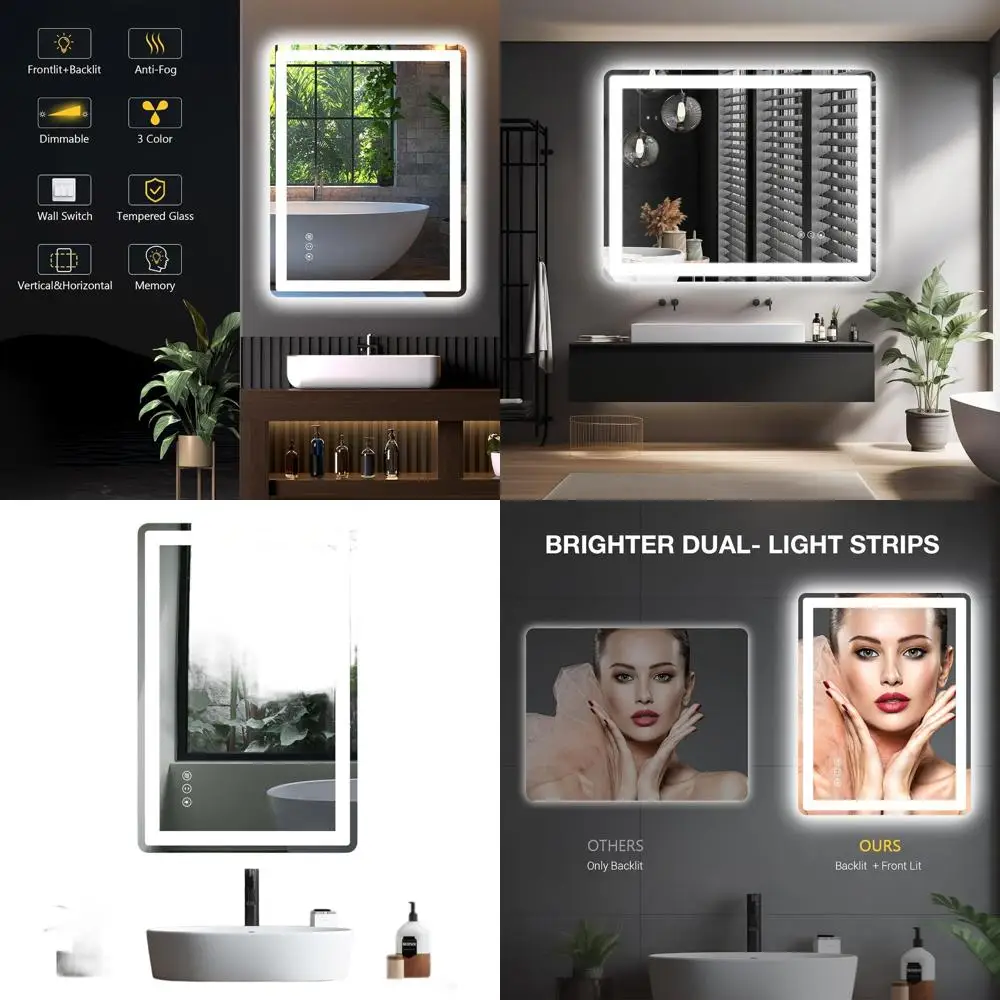 Miroir de salle de bain antibuée 24x36 LED, rectangle arrondi avec double éclairage, rétroéclairage et éclairage avant, variable